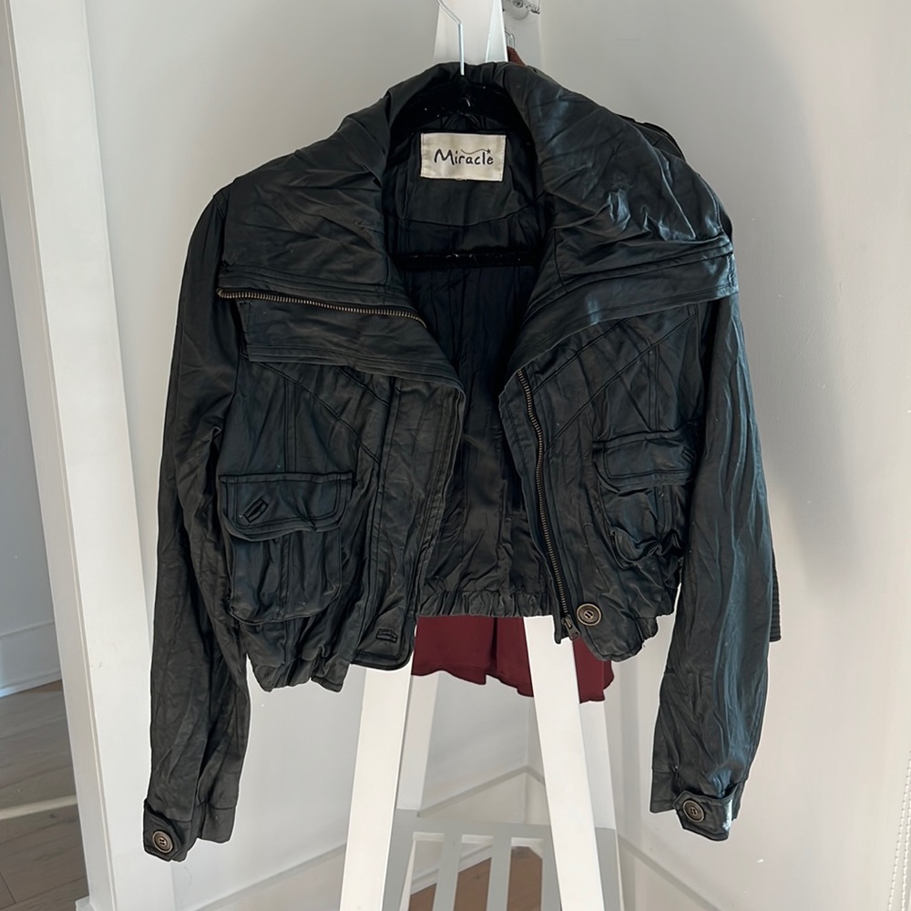 Black Cropped Leather Jacket size S